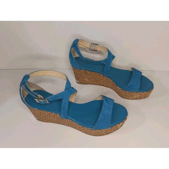 Jimmy Choo Wedge Sandals Blue Suede Cork Espadrilles Made in Spain Size 38 - Picture 2 of 16